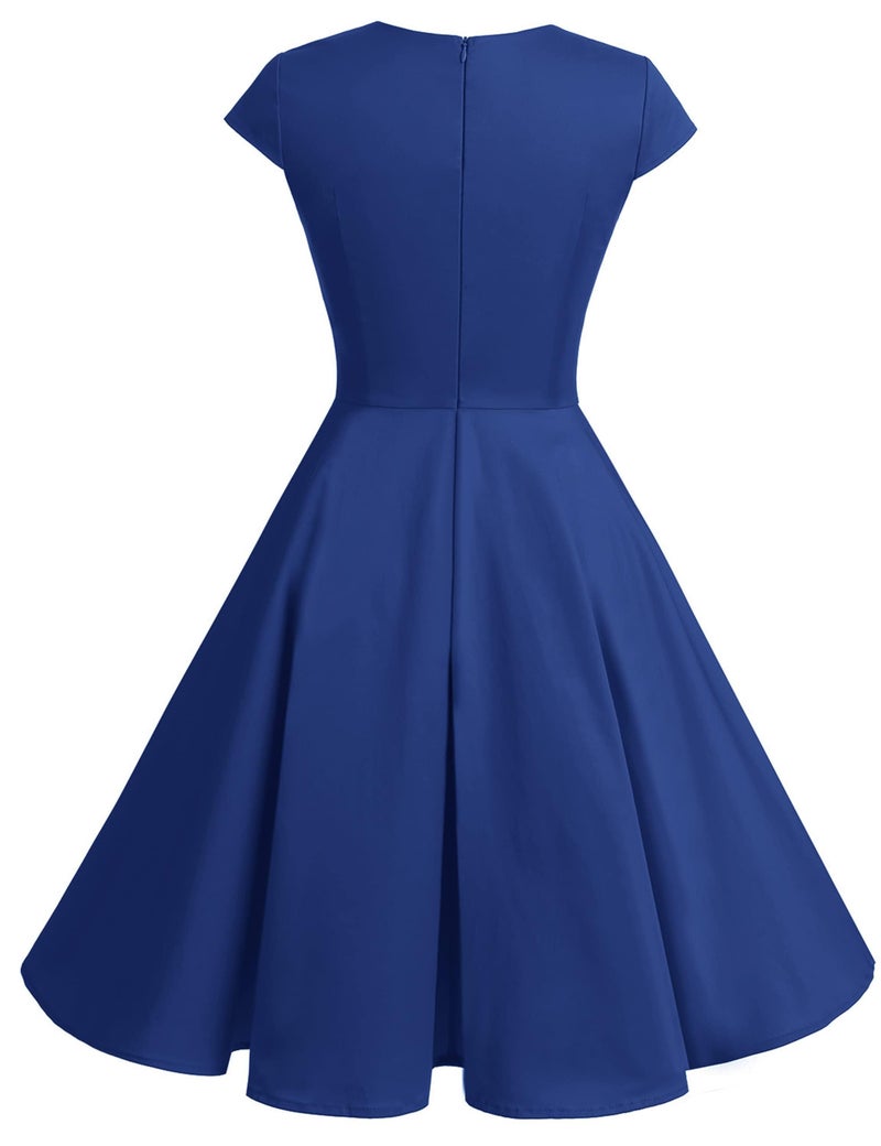 Bbonlinedress Women's Royal Blue Vintage 1950s Retro Cocktail Party Dress for Wedding Guest Semi-Formal Church Fit and Flare Knee Length Rockabilly Swing Dress Royal Blue M - Image 3